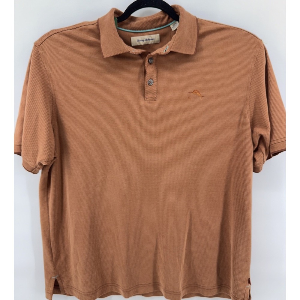 Tommy Bahama Men's Polo Shirt SizeXL Orange Sherbet Color With White Stripes - Picture 3 of 6